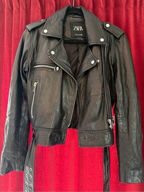 ZARA Black Leather Biker Jacket with Silver Hardware